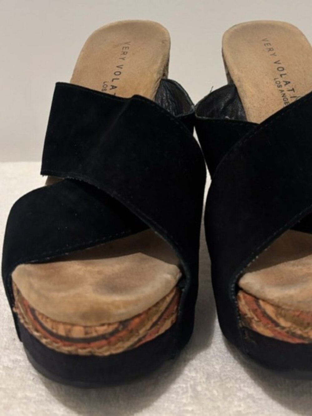 Very Volatile Black Open Toe Suede Wedge with Striped Cork Heel - 8